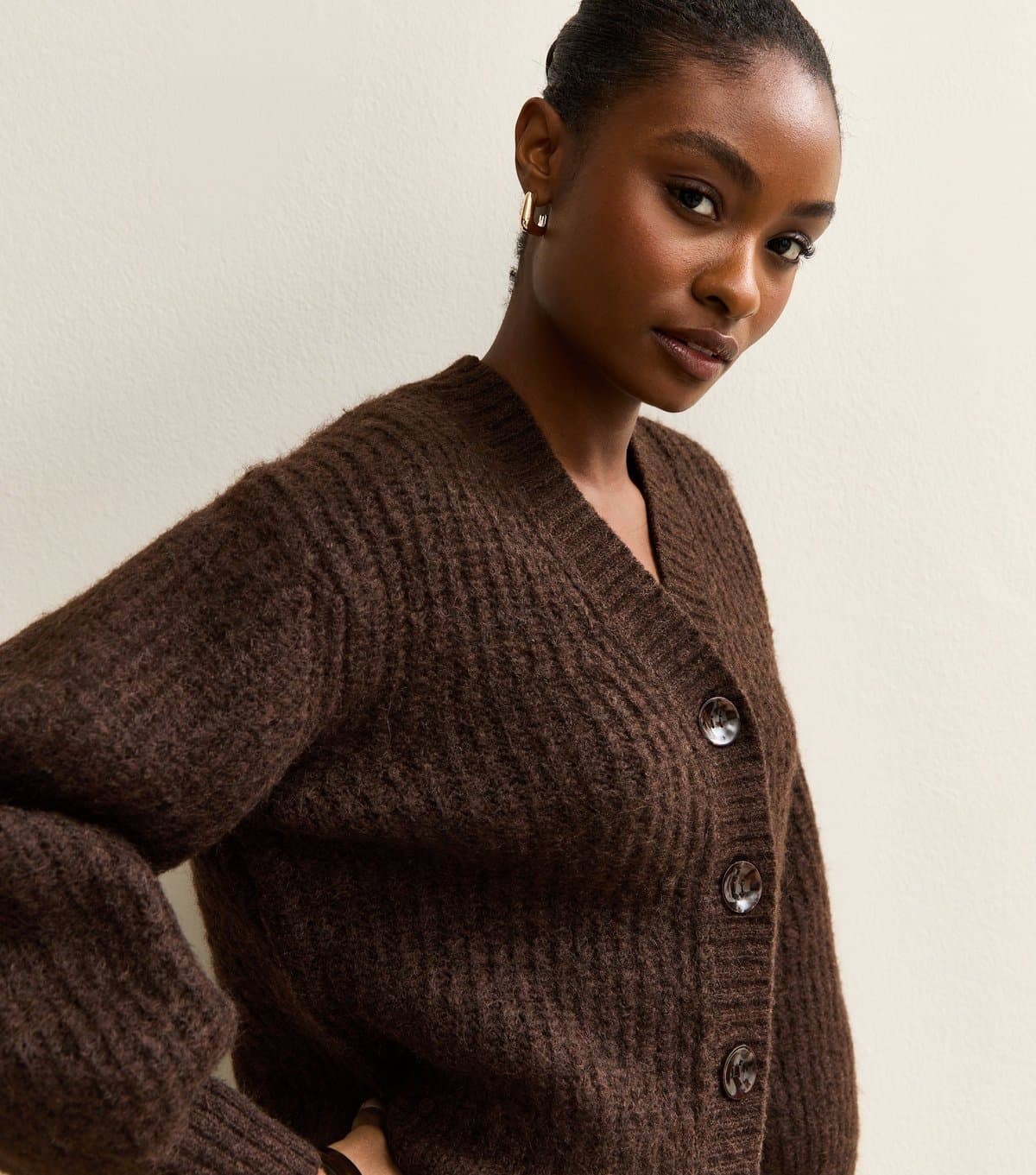 New Look New Look Brown Chunky Knit V-Neck Cardigan