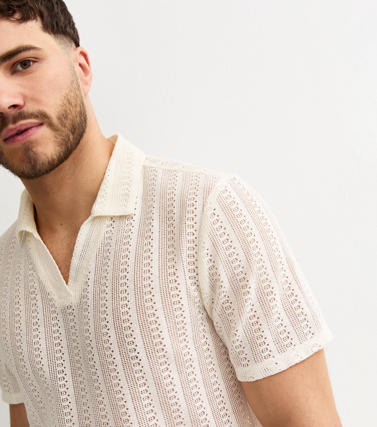 New Look Men's Off White Crochet Polo Shirt New Look - 2