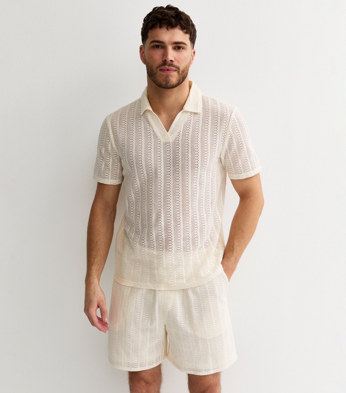 New Look Men's Off White Crochet Polo Shirt New Look - 3