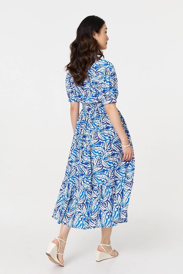 Izabel London Izabel London Women's Leaf Print 1/2 Sleeve Midi Shirt Dress in Blue - 3