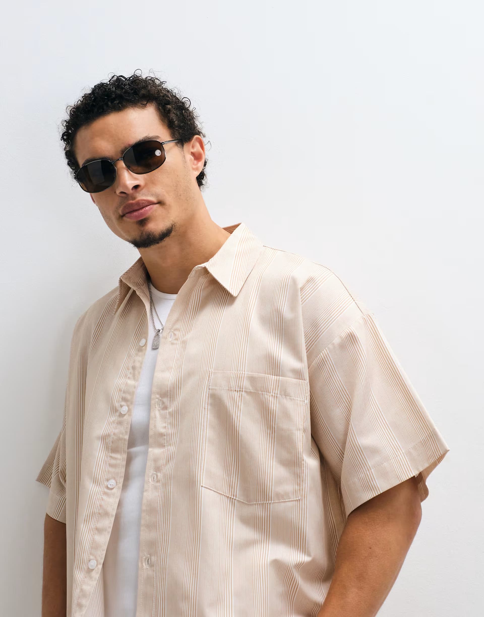 ASOS Reclaimed Vintage short sleeve boxy shirt in camel stripe