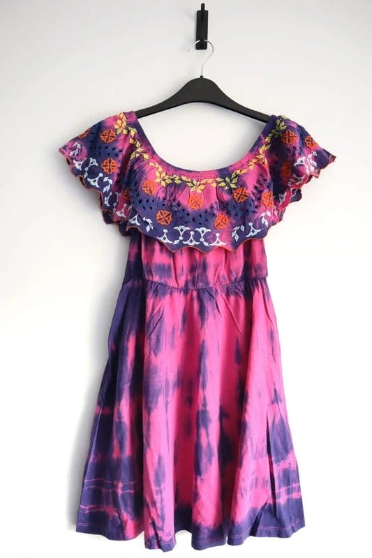 ASOS Pink Purple Tie Dye Embroidered Ruffle Trim Mini Dress UK 8