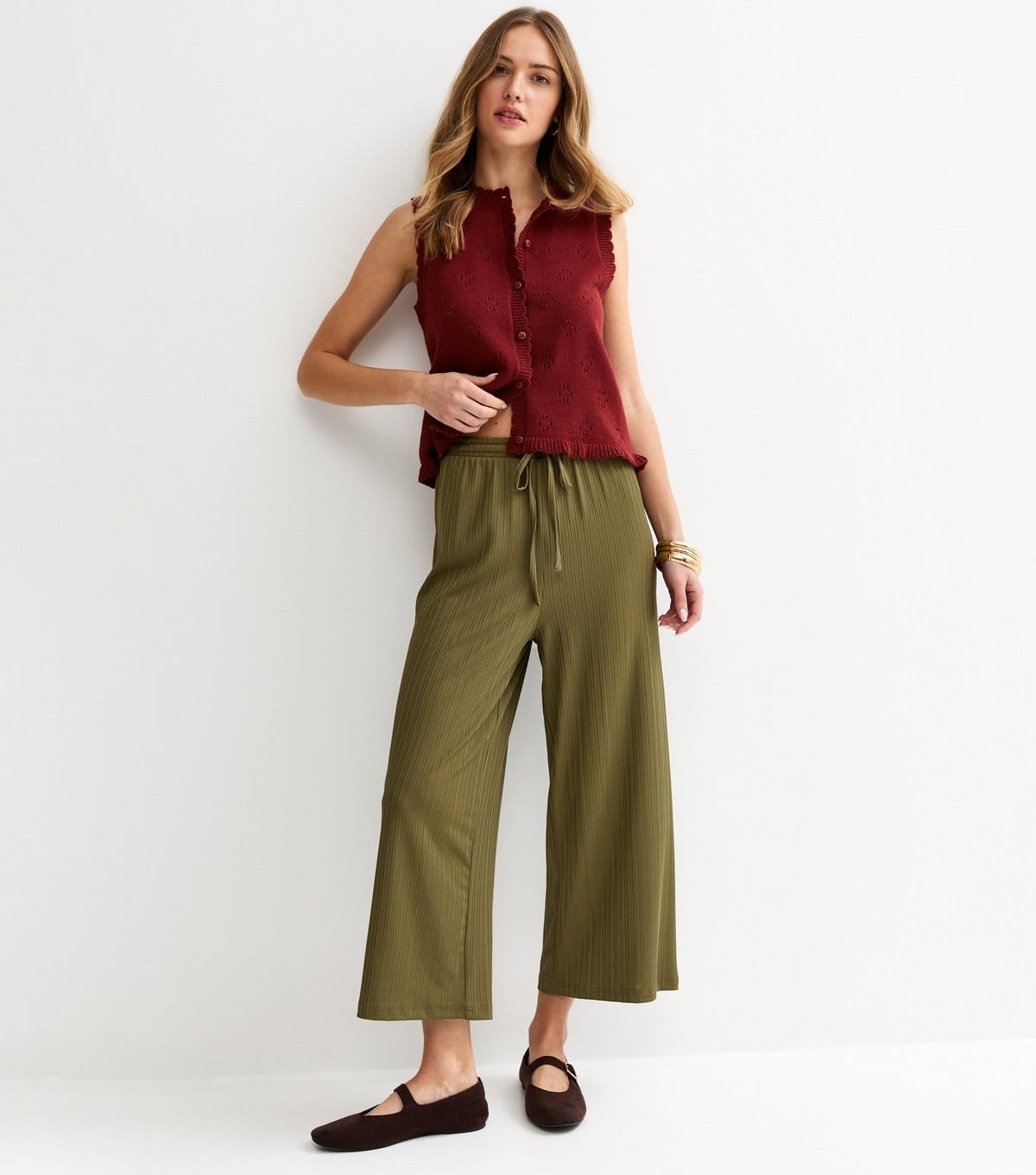 New Look Khaki Ribbed Cropped Wide Leg Trousers