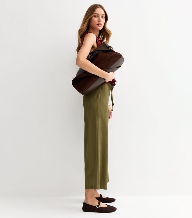 New Look Women's Khaki Ribbed Cropped Wide Leg Trousers New Look - 3