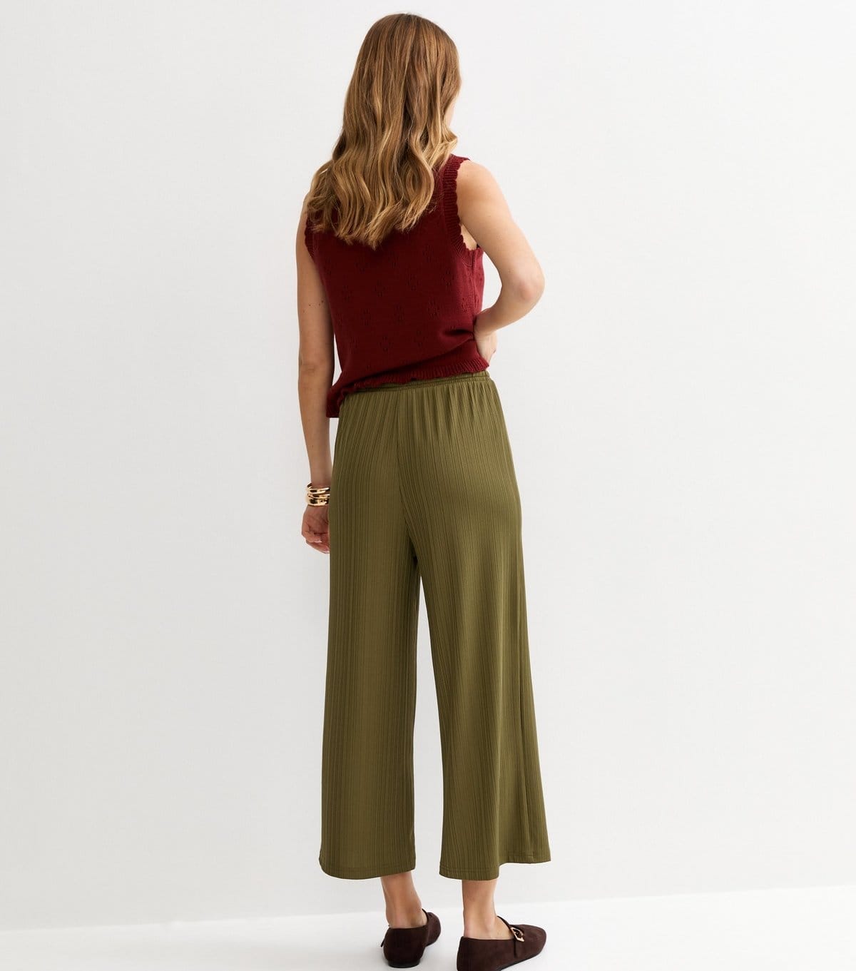 New Look Women's Khaki Ribbed Cropped Wide Leg Trousers New Look - 4