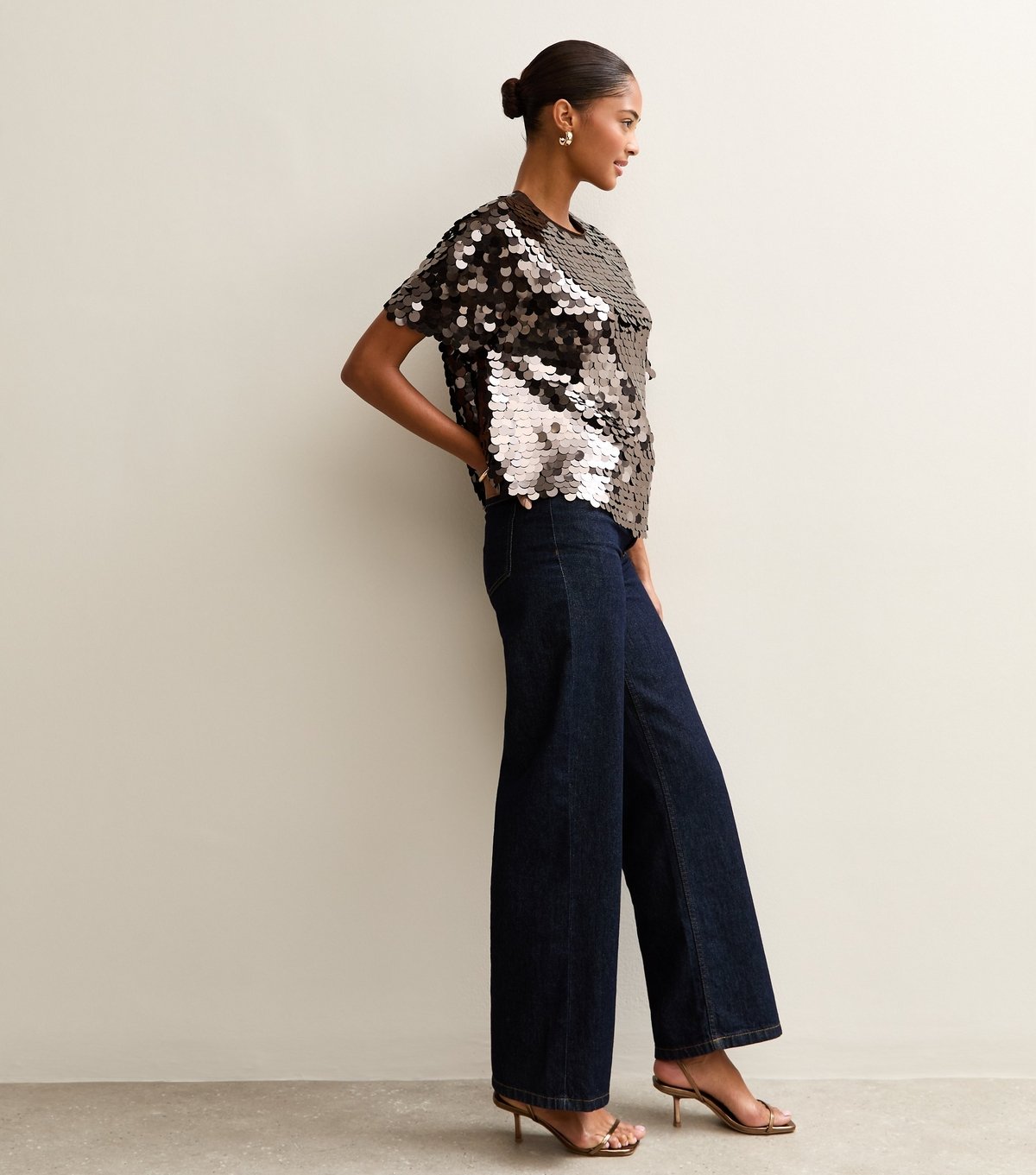 New Look Women's Dark Brown Sequinned Short Sleeve Top New Look - 3