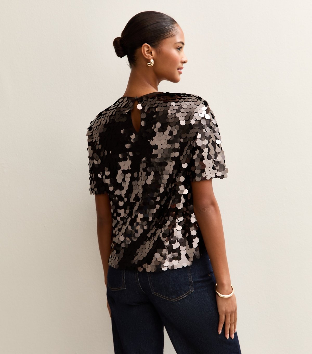 New Look Women's Dark Brown Sequinned Short Sleeve Top New Look - 4