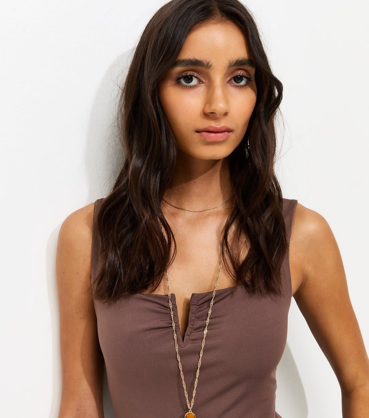 New Look Women's Dark Brown Jersey Notch Neck Tank Bodysuit New Look