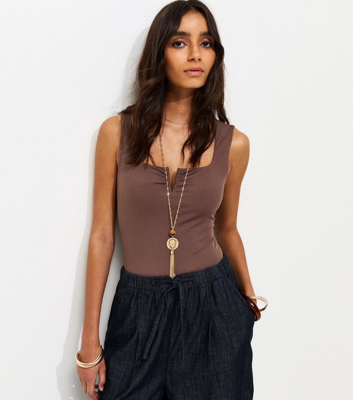 New Look Women's Dark Brown Jersey Notch Neck Tank Bodysuit New Look - 2