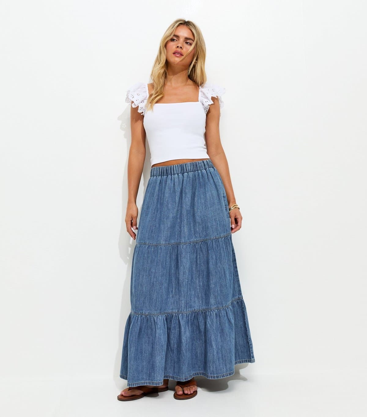 New Look Women's Petite Blue Tiered Midi Skirt New Look