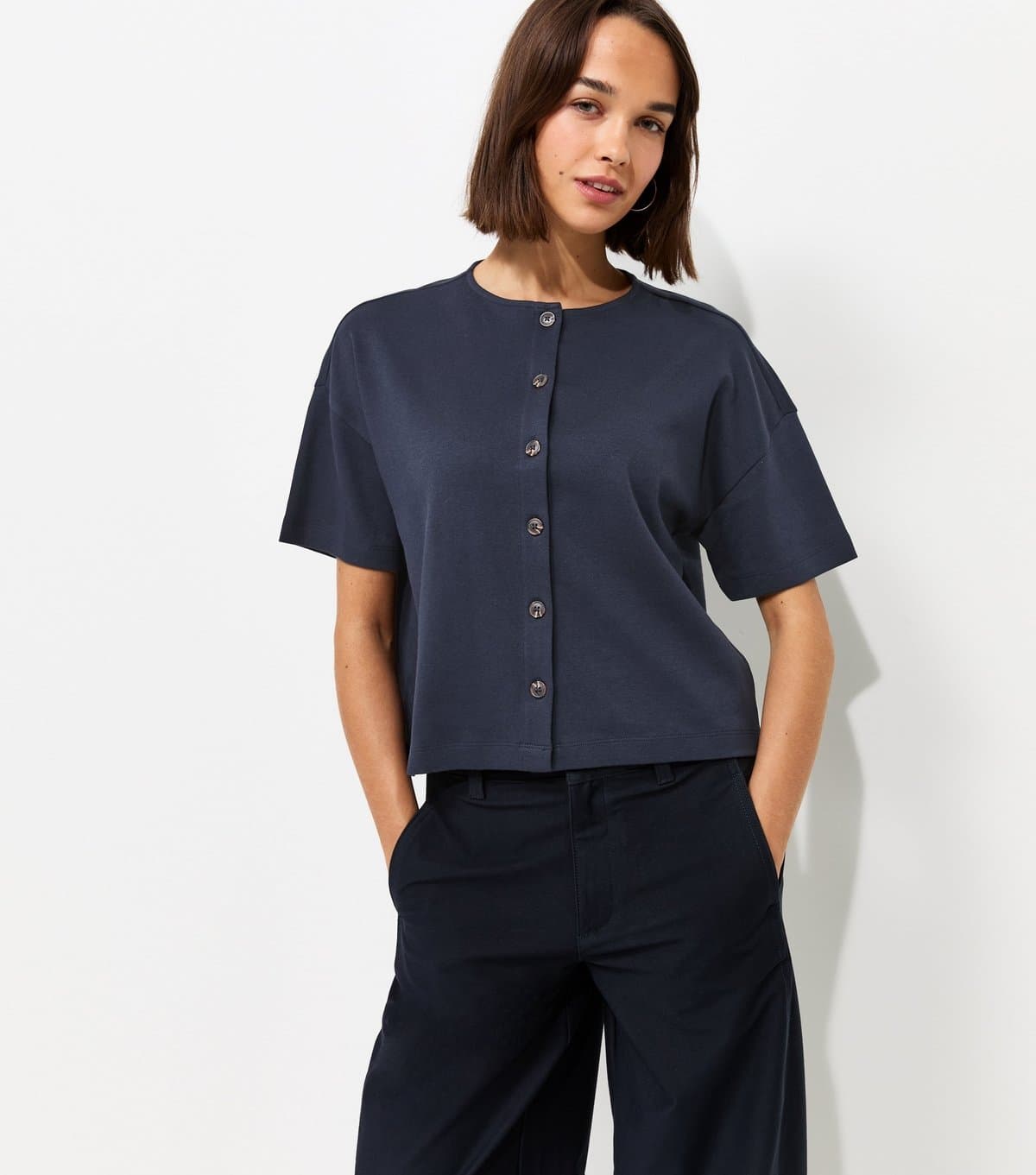 New Look New Look Navy Heavyweight Cotton Button Through T-Shirt