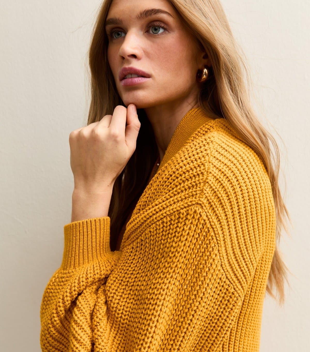 New Look Women's Dark Yellow Stitchy Knit Balloon Sleeve Cardigan New Look