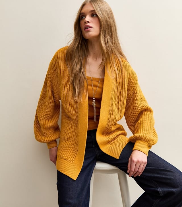 New Look Women's Dark Yellow Stitchy Knit Balloon Sleeve Cardigan New Look - 2