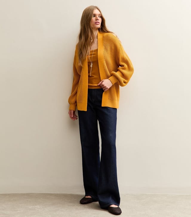 New Look Women's Dark Yellow Stitchy Knit Balloon Sleeve Cardigan New Look - 3