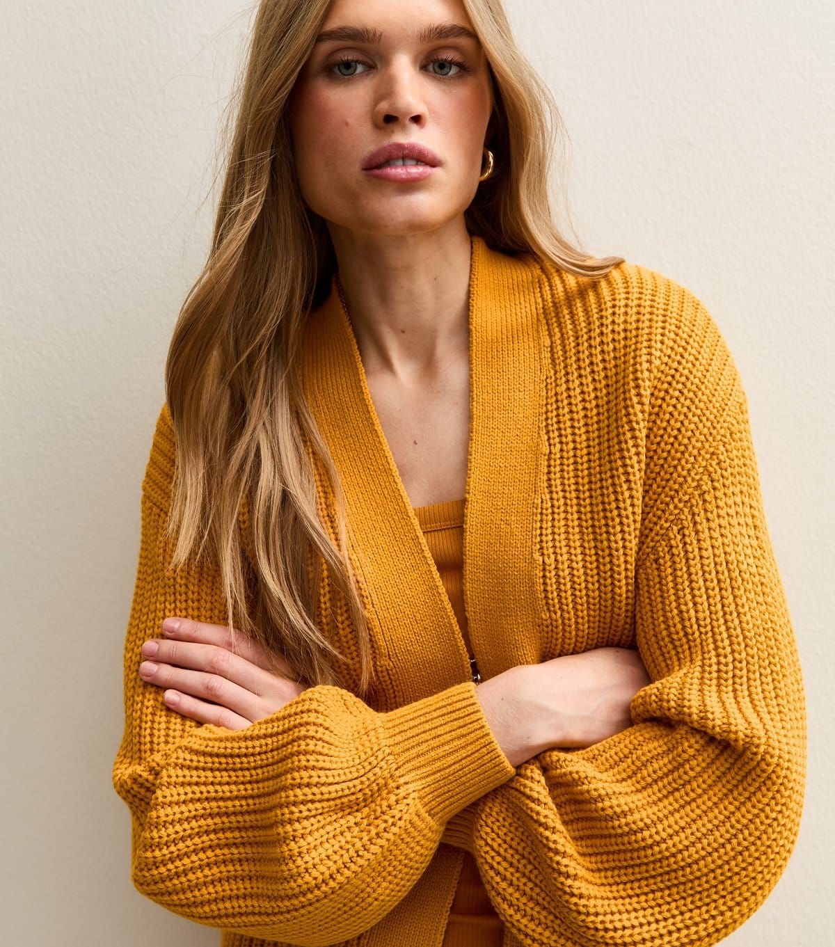 New Look Women's Dark Yellow Stitchy Knit Balloon Sleeve Cardigan New Look - 4