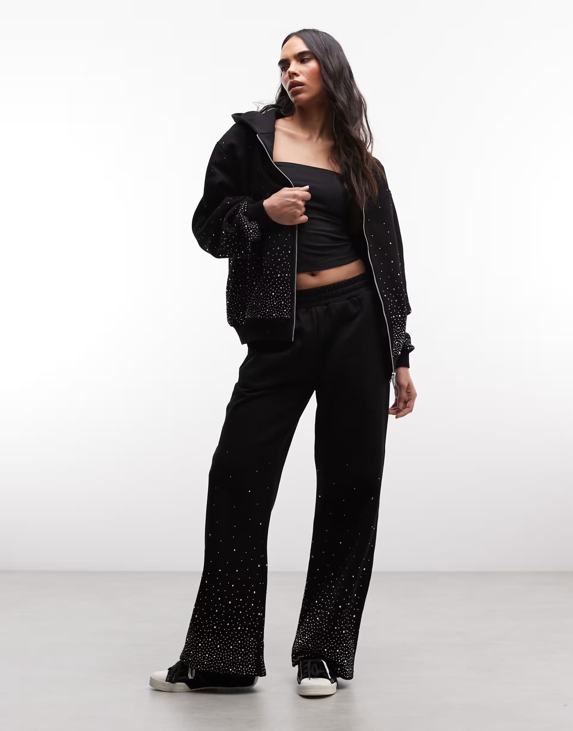 ASOS Cernucci rhinestone embellished wide leg joggers co-ord in black