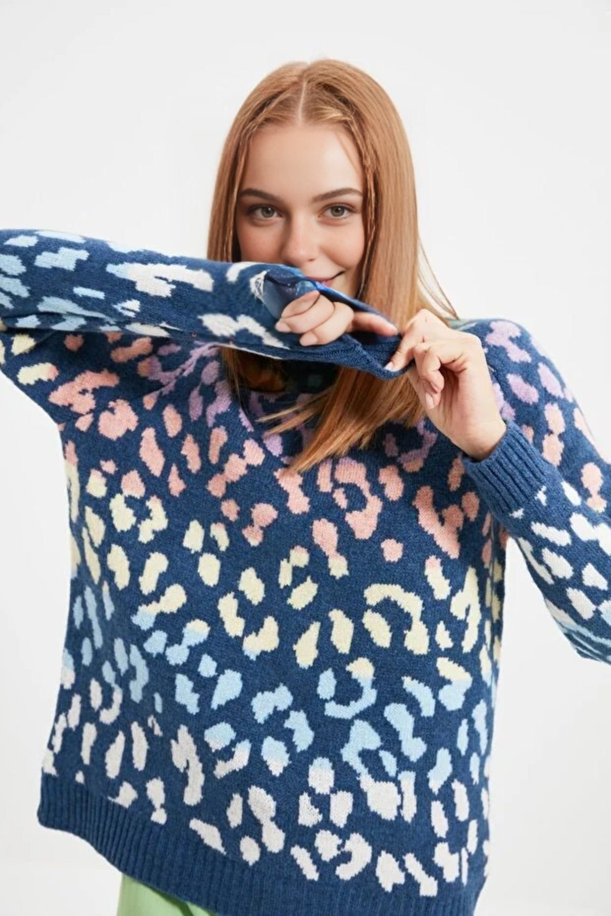 WOVCOR WOVCOR Women's Soft Textured Knit Sweater with Leopard Pattern in Indigo - 2