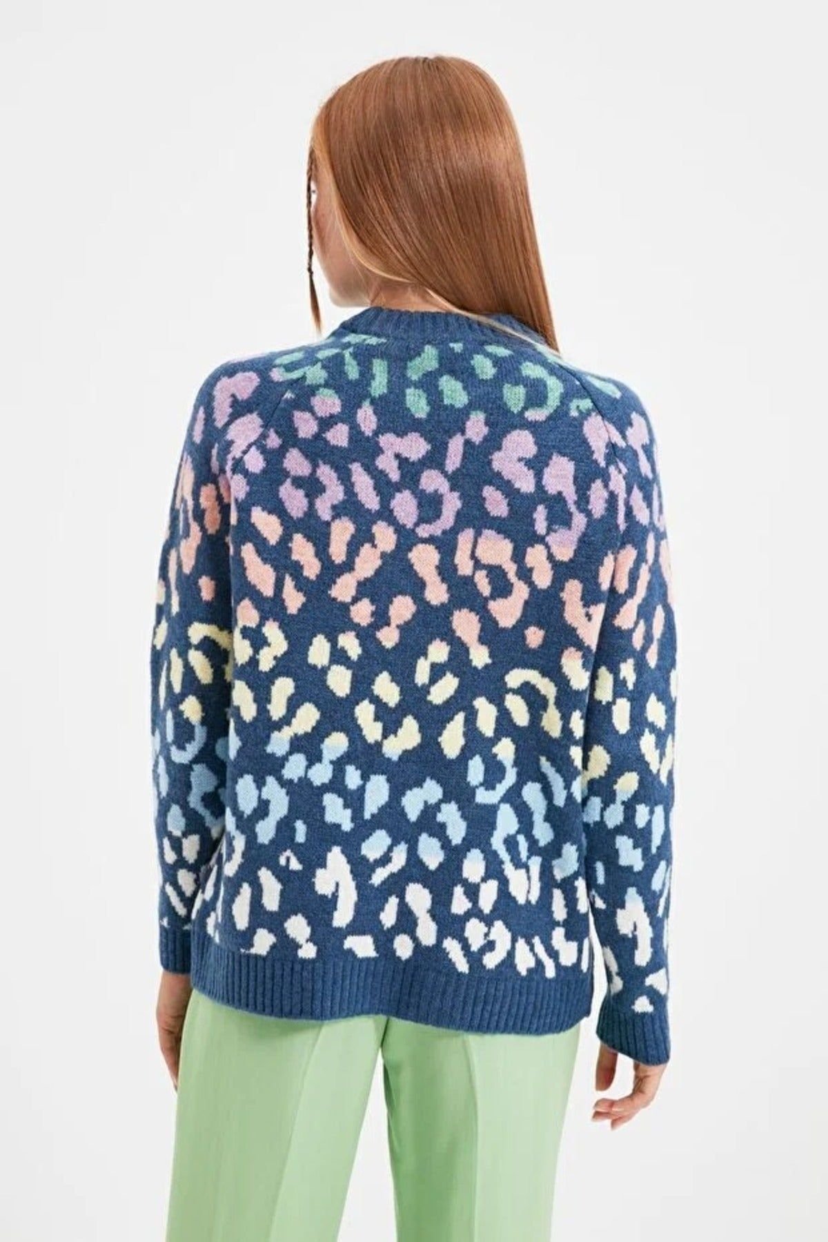 WOVCOR WOVCOR Women's Soft Textured Knit Sweater with Leopard Pattern in Indigo - 3