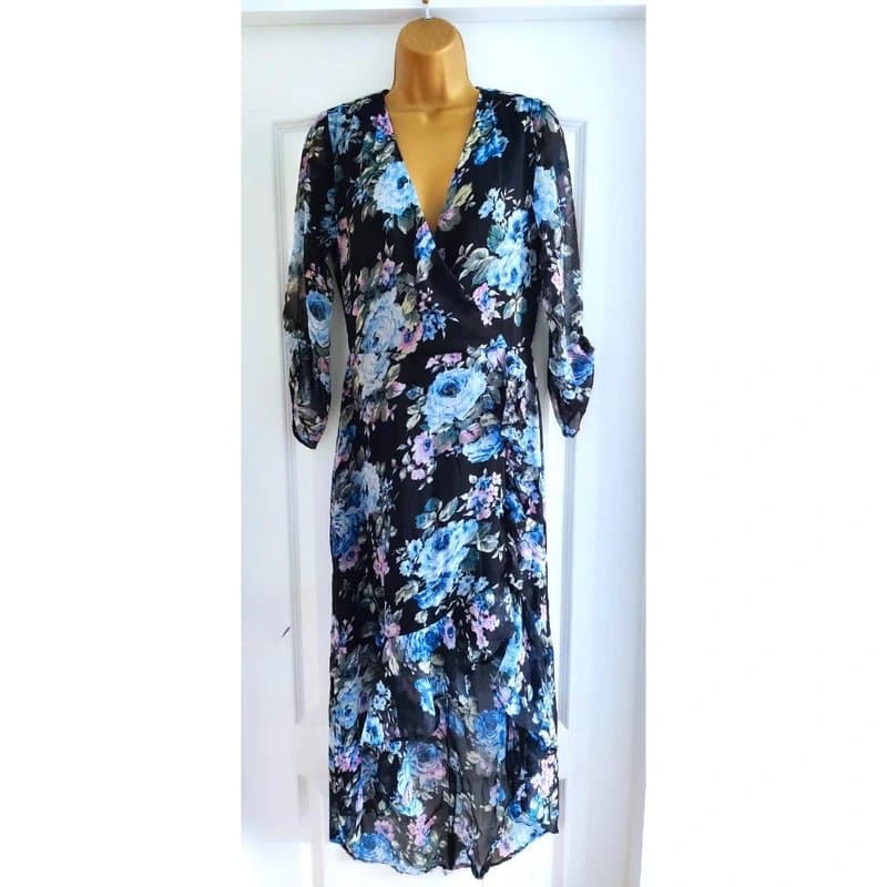 Lipsy Lipsy Blue Floral Chiffon Midi Wrap Dress 3/4 Sleeves Size 10