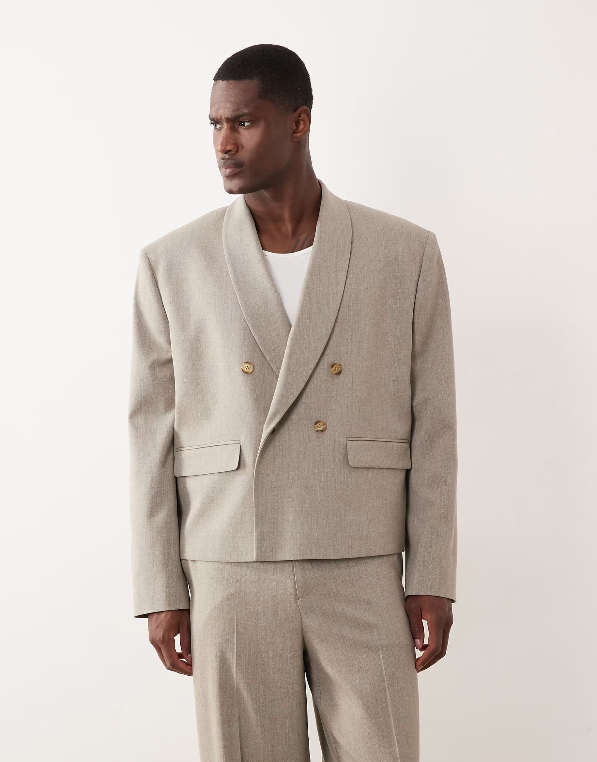 ASOS ASOS Beige Herringbone Double-Breasted Boxy Jacket