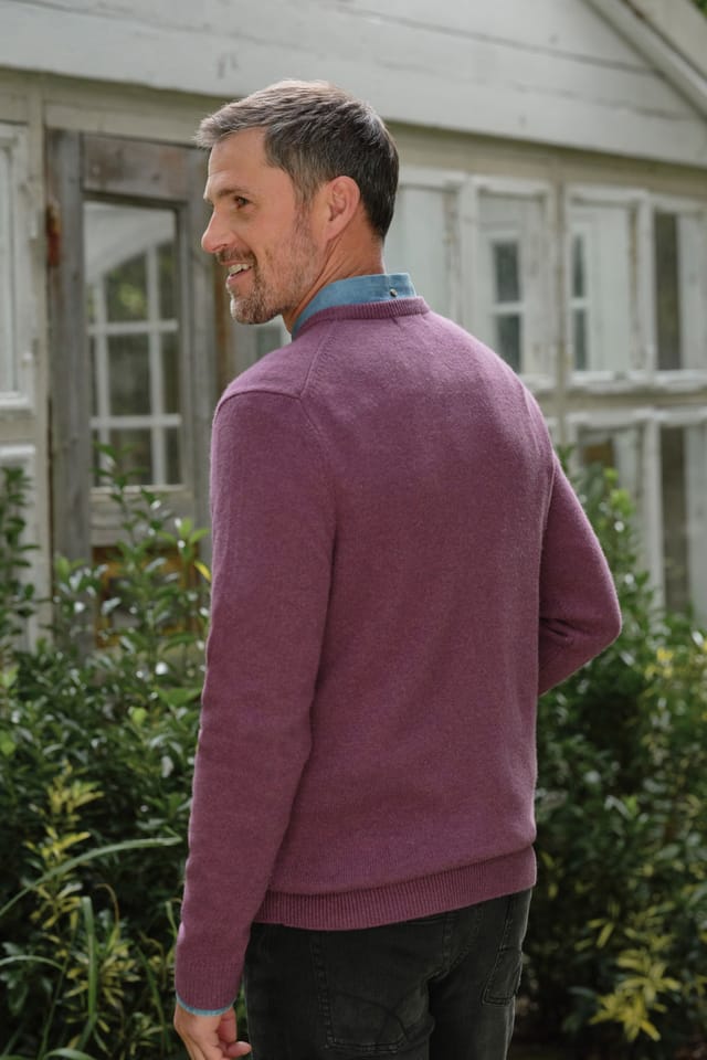 WoolOvers WoolOvers Men's Lambswool Classic Crew Jumper in Plum - 3