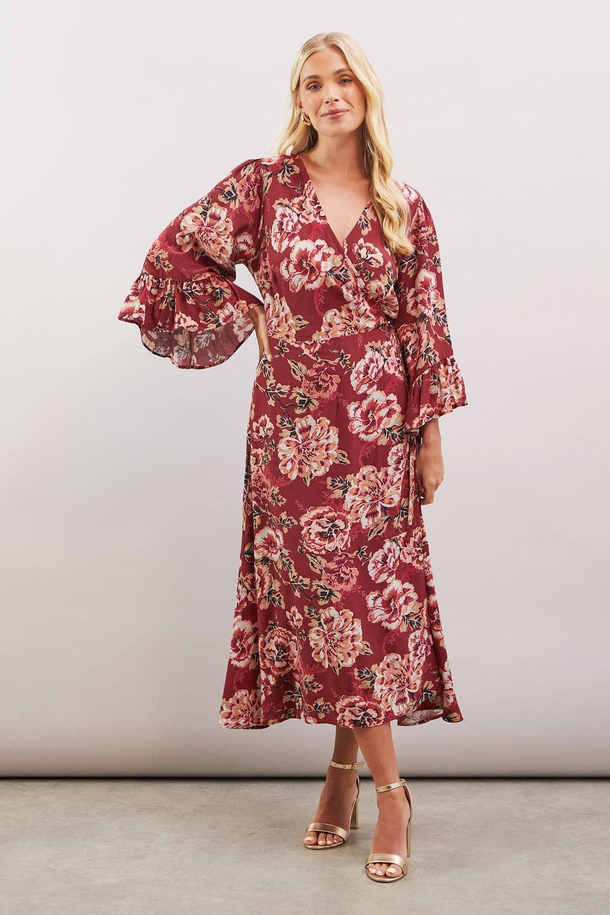Wallis Wallis Women's Petite Floral Print Viscose Wrap Dress in Burgundy