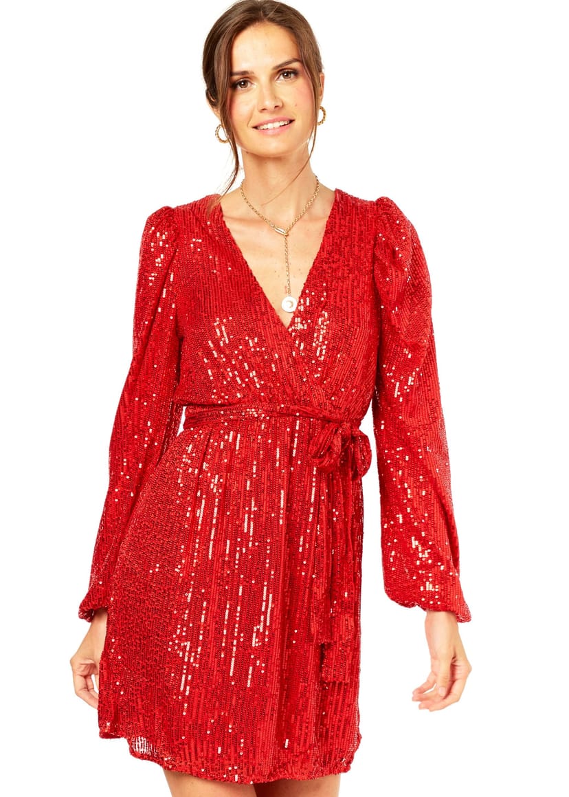 Gini London Gini London Women's Bright Red Sequin V Neck Belted Mini Dress - 1