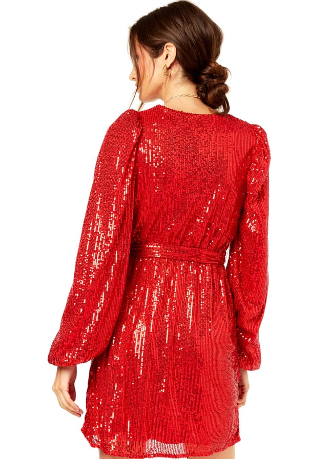 Gini London Gini London Women's Bright Red Sequin V Neck Belted Mini Dress - 2