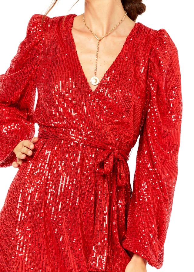Gini London Gini London Women's Bright Red Sequin V Neck Belted Mini Dress - 3