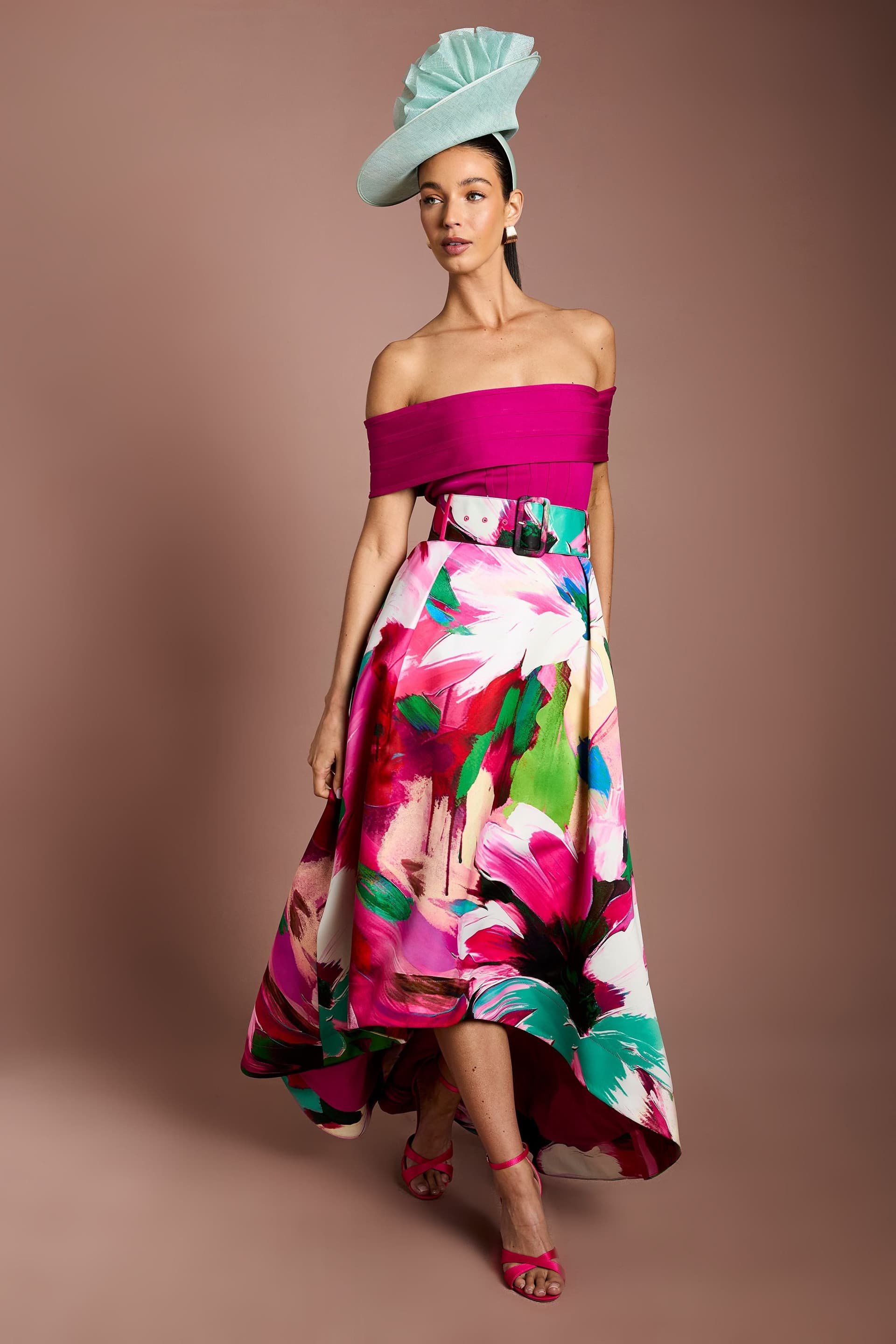Coast Coast Women's Lisa Tan Bardot Bandage Hi-Lo Printed Midi Dress in Purple