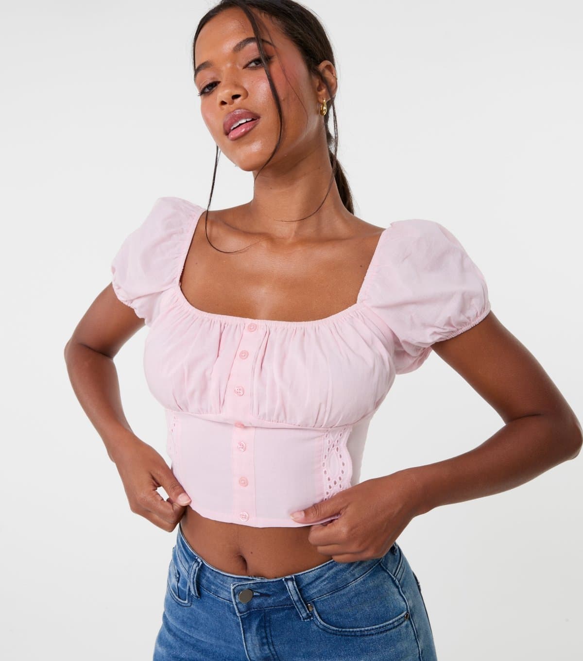 Pink Vanilla Women's Pink Broderie Crop Top Pink Vanilla New Look