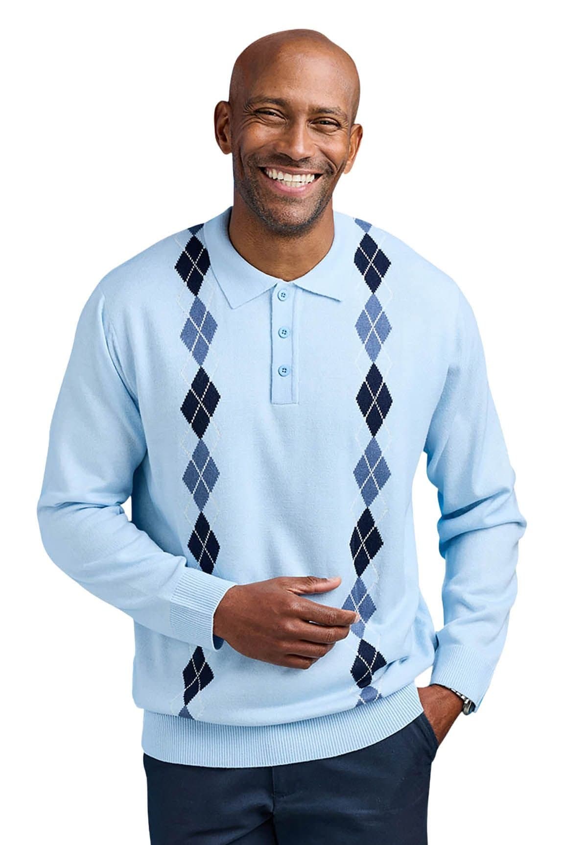 Tootal Tootal Men's Argyle Long Sleeve Knitted Collared Sweater, Classic Smart Casual in Pale Blue