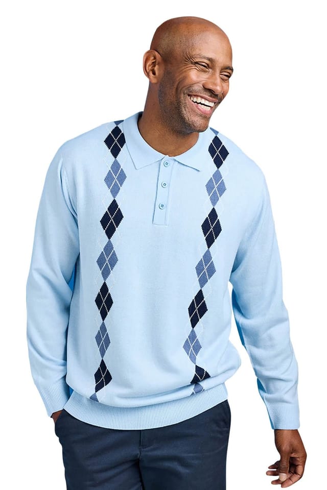 Tootal Tootal Men's Argyle Long Sleeve Knitted Collared Sweater, Classic Smart Casual in Pale Blue - 2