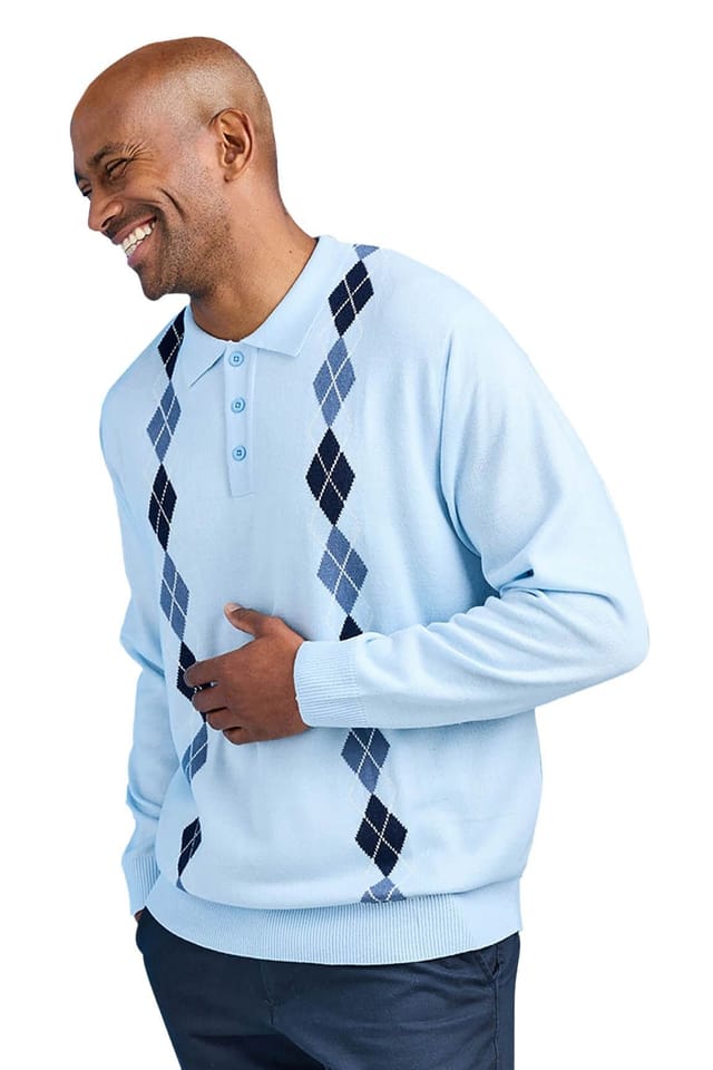 Tootal Tootal Men's Argyle Long Sleeve Knitted Collared Sweater, Classic Smart Casual in Pale Blue - 3