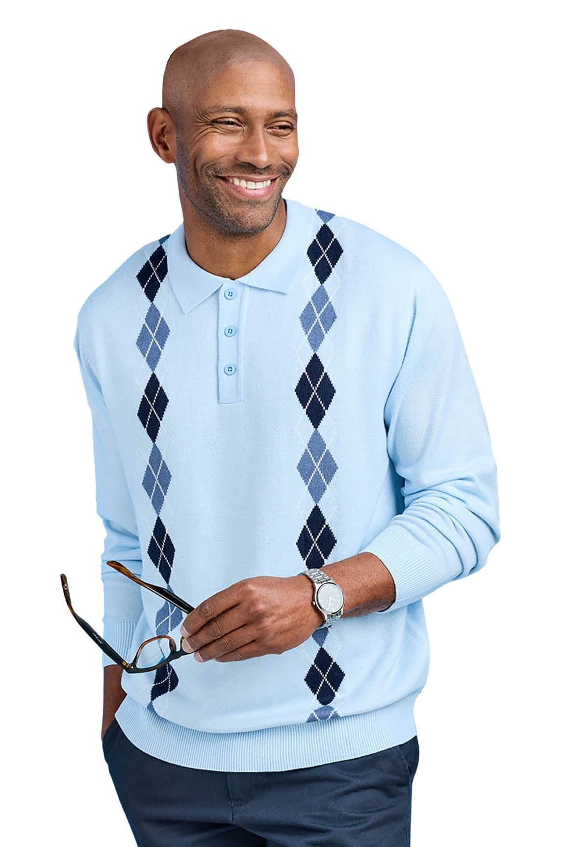Tootal Tootal Men's Argyle Long Sleeve Knitted Collared Sweater, Classic Smart Casual in Pale Blue - 4
