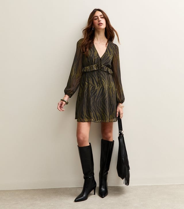 New Look Women's Green Tiger Print Chiffon Long Sleeve Mini Dress New Look - 3