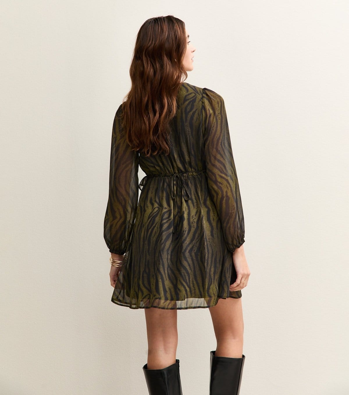 New Look Women's Green Tiger Print Chiffon Long Sleeve Mini Dress New Look - 4