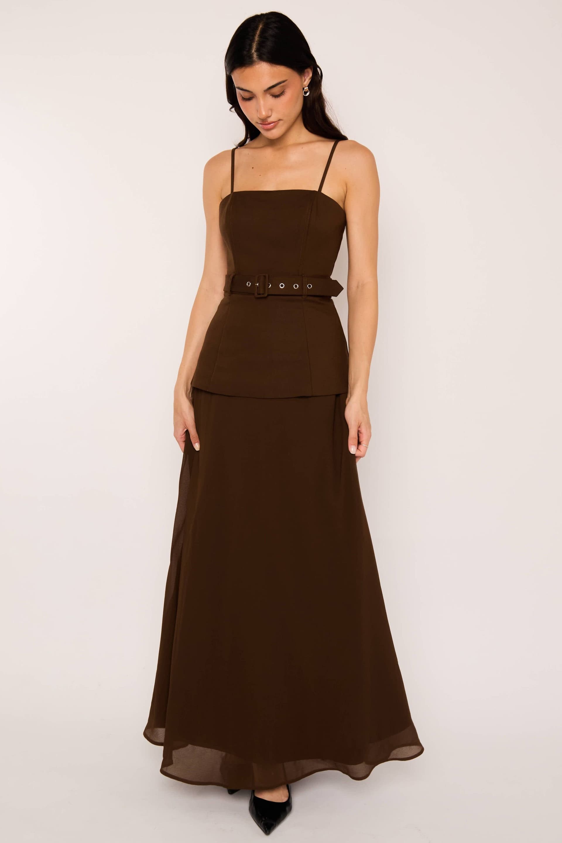 Jaded Rose Jaded Rose Women's Joyce Belted Chocolate Brown Fit & Flare Tailored Maxi Dress