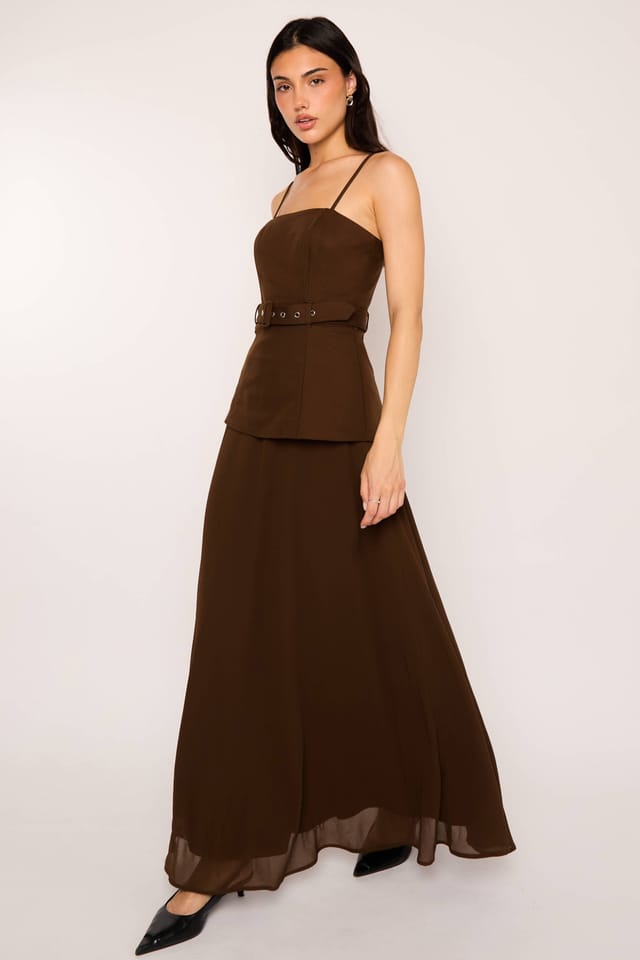 Jaded Rose Jaded Rose Women's Joyce Belted Chocolate Brown Fit & Flare Tailored Maxi Dress - 2