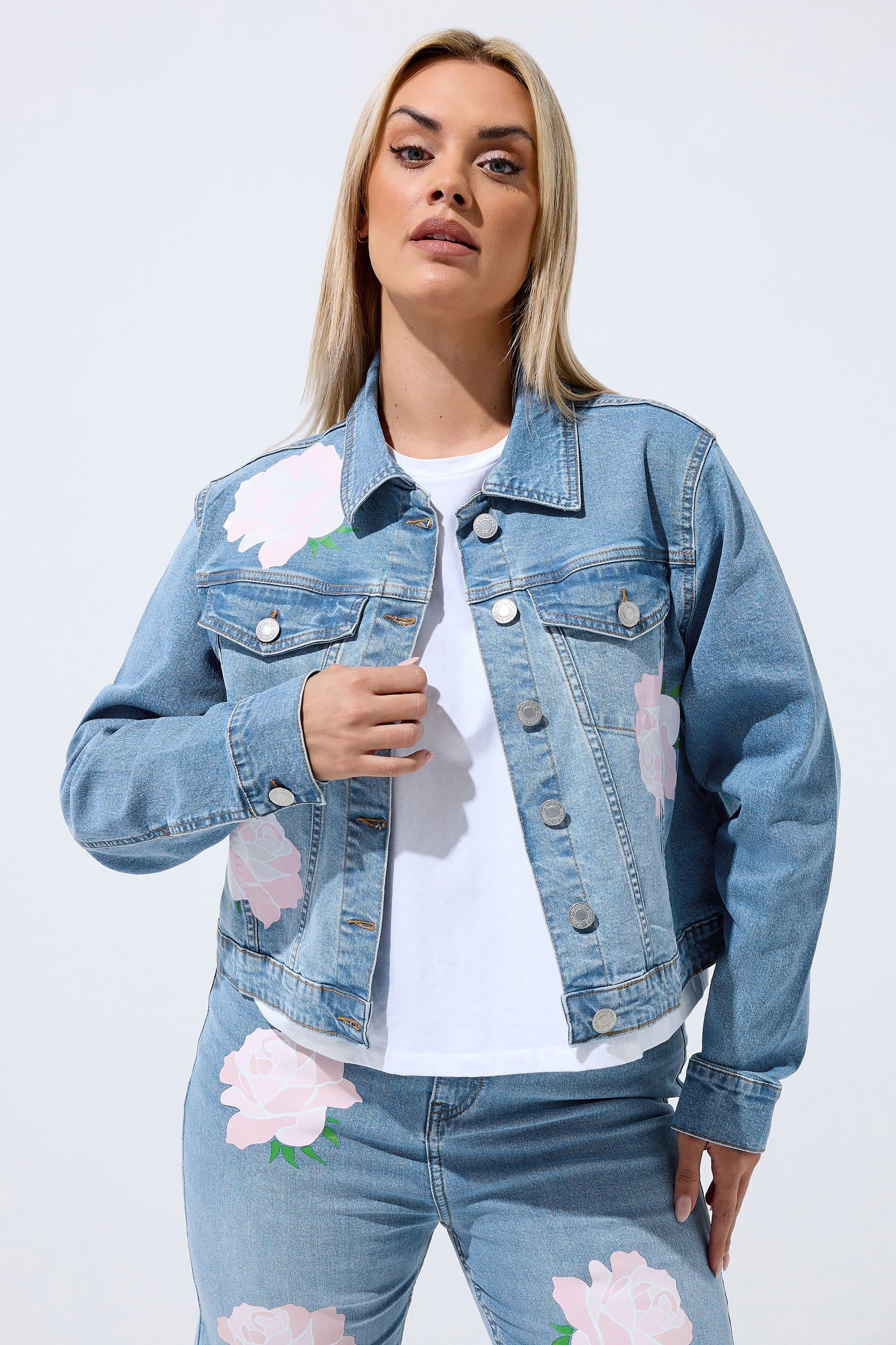 Limited Collection Plus Size Blue Rose Printed Denim Jacket