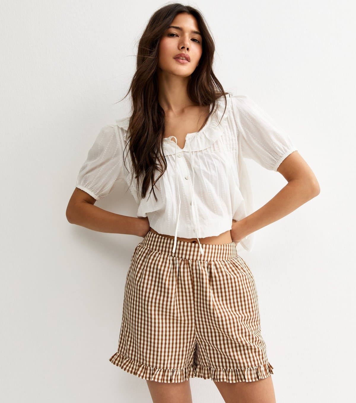 New Look Women's Brown Gingham Frill Shorts New Look