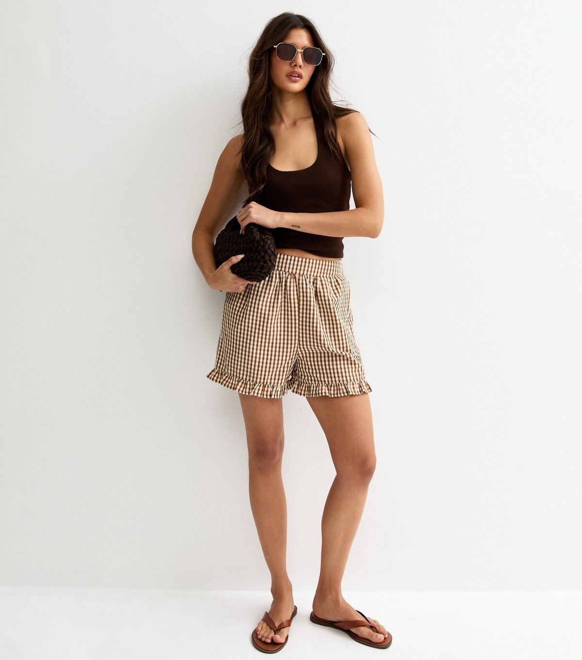 New Look Women's Brown Gingham Frill Shorts New Look - 4