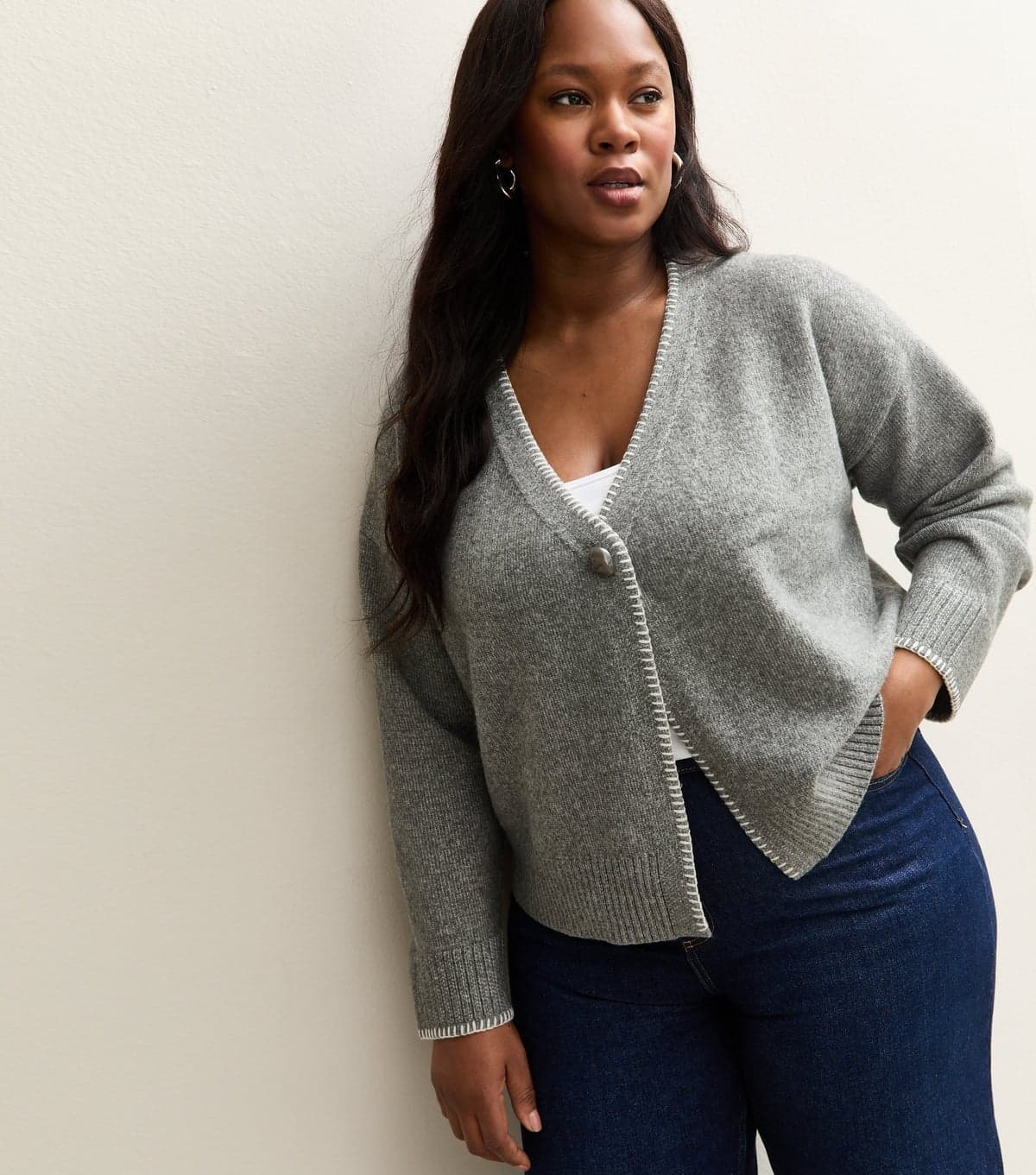 New Look Women's Plus Size Mid Grey Blanket Stitch V-Neck Cardigan Curves New Look