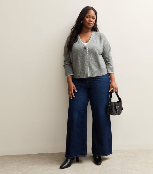 New Look Women's Plus Size Mid Grey Blanket Stitch V-Neck Cardigan Curves New Look - 3