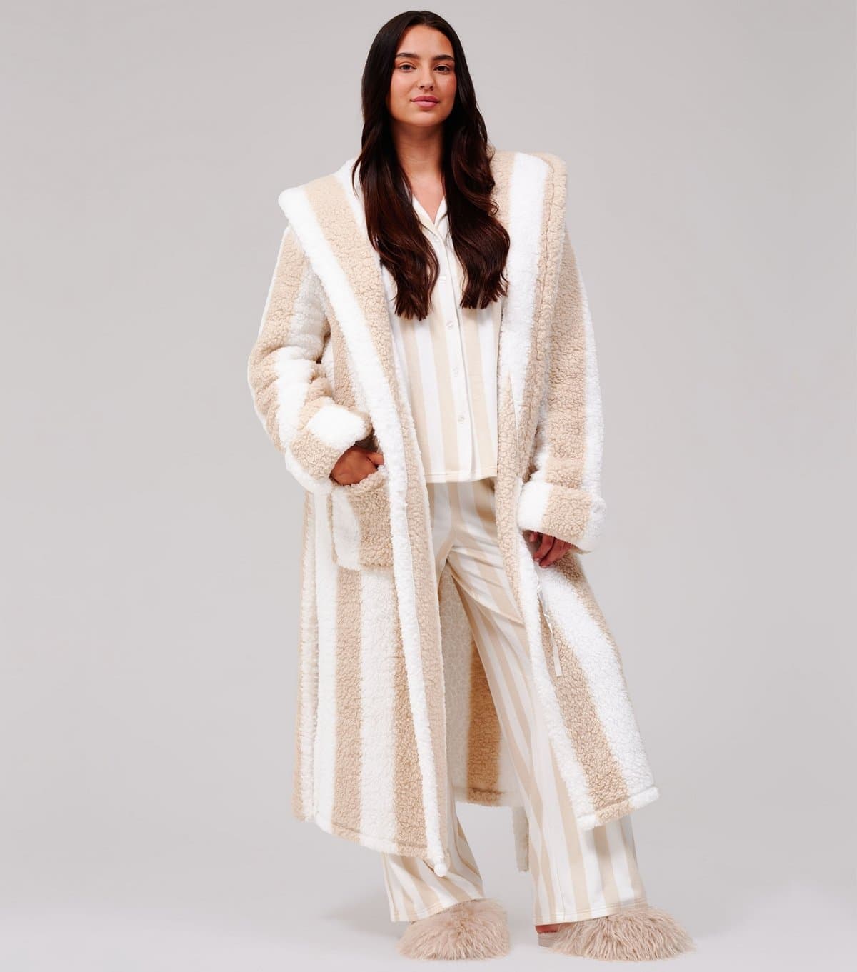 Loungeable Women's Brown Borg Striped Hooded Dressing Gown Loungeable New Look