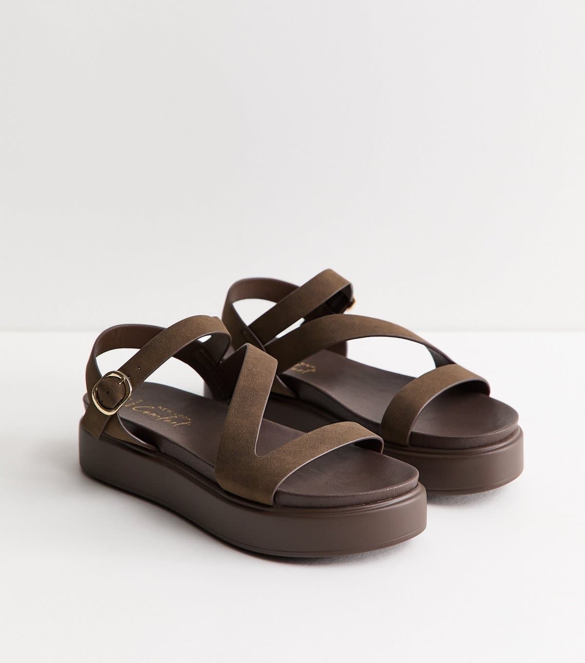 New Look Women's Wide Fit Brown Faux Leather Multistrap Flatform Sandals Vegan New Look