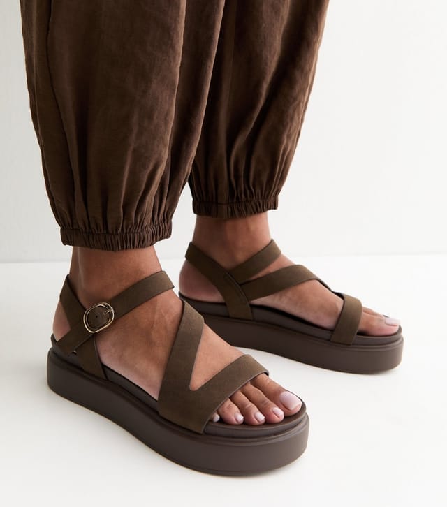 New Look Women's Wide Fit Brown Faux Leather Multistrap Flatform Sandals Vegan New Look - 2