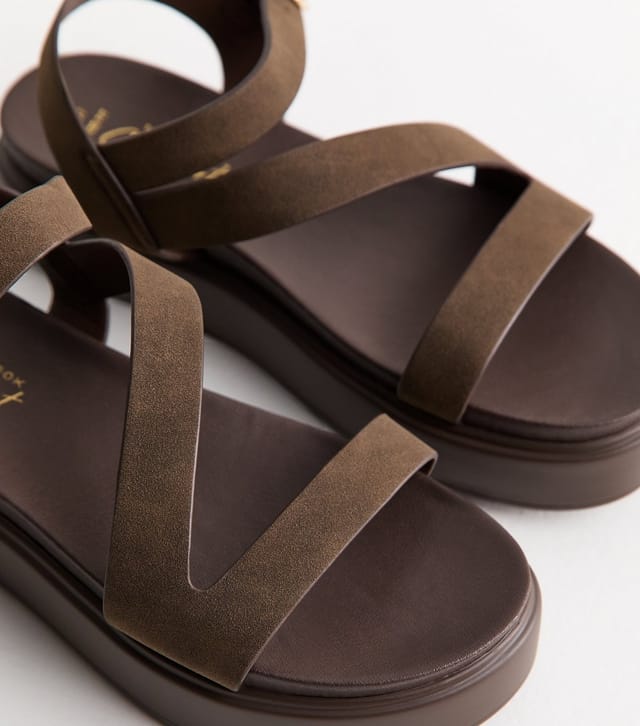 New Look Women's Wide Fit Brown Faux Leather Multistrap Flatform Sandals Vegan New Look - 3