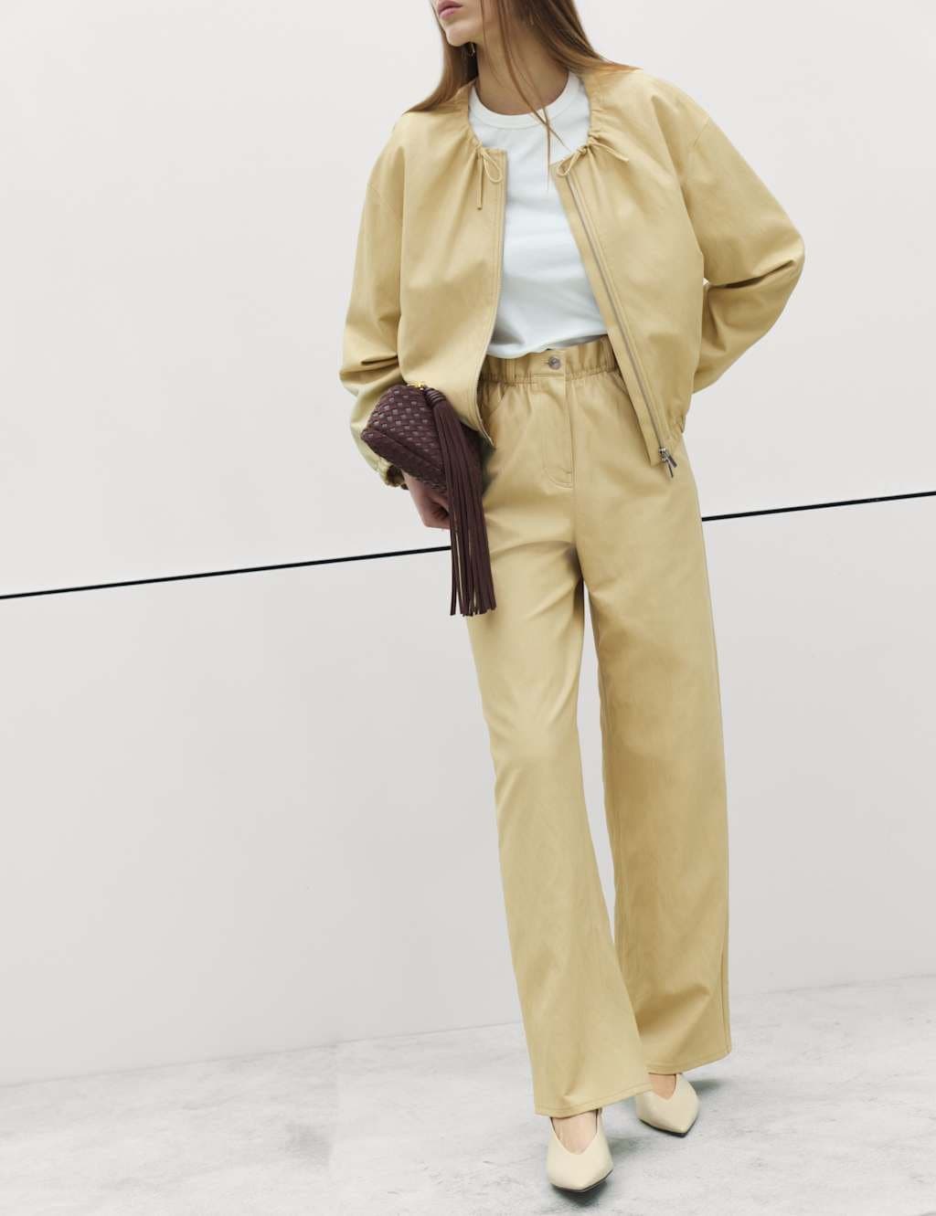 Marks & Spencer M&S Leather Look Paperbag Wide Leg Trousers Pale Straw