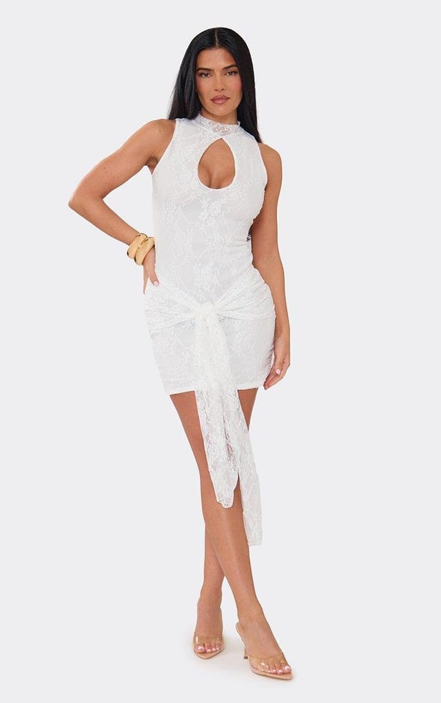 EGO Sleeveless Keyhole Cut Out Tie Drape Detail Mini Dress In White Lace, Women's Size UK 6 - 2